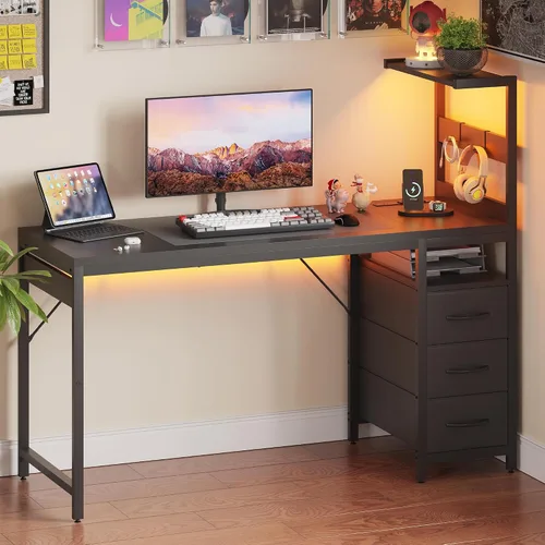 Vista 2 de Escritorio pequeño para computadora de juegos de 48 pulgadas con luces LED y estante de almacenamiento, color negro