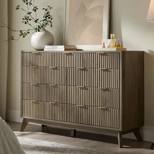 Vista 17 de T4TREAM Cómoda acanalada de 3 cajones de 32 pulgadas para dormitorio, aliso Aliso Oscuro