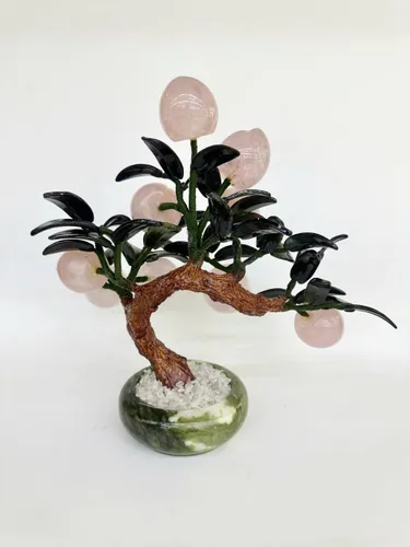 Vista 4 de Árbol de melocotón de cristal de cuarzo rosa natural Feng Shui, bonsái Feng Shui árbol de dinero para energía positiva, suerte y riqueza, alrededor
