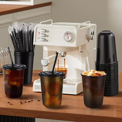 Vista 8 de tchrules Juego de 50 vasos de plástico negro de 16 onzas con tapas y pajitas, vaso de café helado desechable con tapa, vasos de plástico de fondo