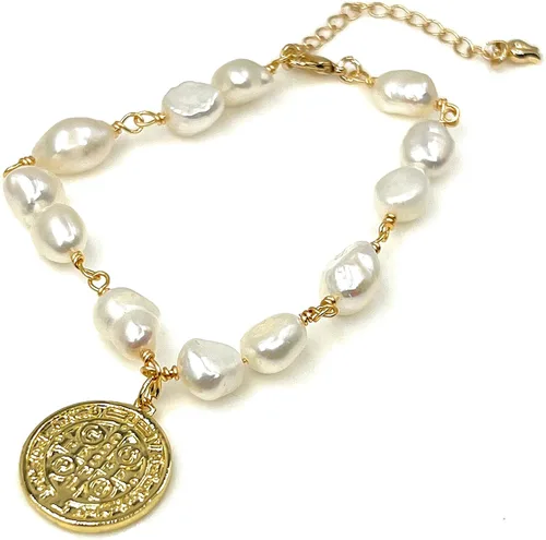 Vista 2 de San Benito - Pulsera de perlas barrocas con medalla chapada en oro de 18 quilates para mujer joyería de moda M Vidrio Chapado en oro