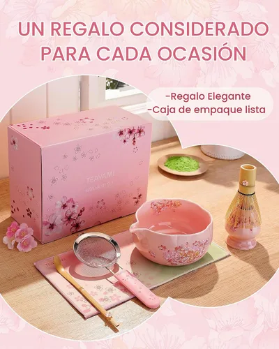 Vista 8 de Juego de batidor de matcha, juego de 6 piezas de matcha que incluye un tazón grande de matcha, batidor de bambú y cuchara con bonito encanto
