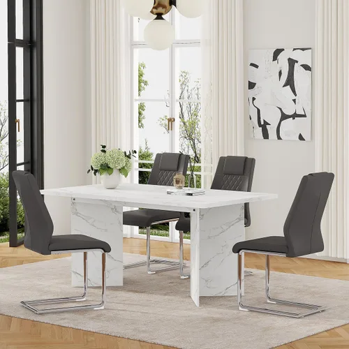 Vista 12 de Juego de mesa de comedor extensible de 63 a 79 pulgadas para 4, juego de mesa de cocina de mármol sintético blanco para 4, juego de mesa de comedor