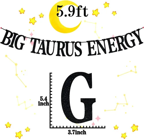 Vista 7 de Cartel de energía de Tauro grande con purpurina negra, decoración de fiesta de cumpleaños de Tauro de abril/mayo - 12 decoraciones de fiesta