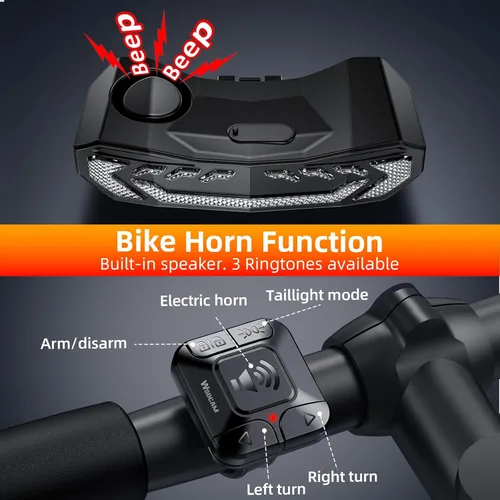 Vista 7 de WSDCAM Smart Bike Seat/Bike Basket Tail Light with Turn Signals and Brake Light, Bike Alarm Horn with Remote, Rechargeable Rear Bike Light for Night