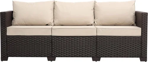 Vista 8 de Rattan Star Muebles de exterior, sofá de 3 plazas, sofá de mimbre marrón para exteriores, asiento profundo, respaldo alto, sofá de patio con cojines