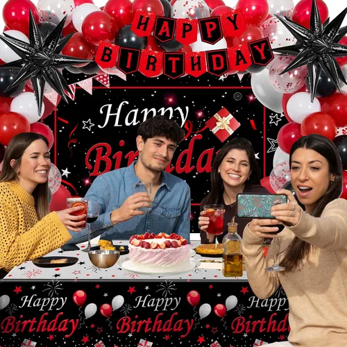 Vista 5 de Decoraciones de Cumpleaños Rojas para Hombres Mujeres Niños Niñas, 75 PCS Decoraciones de Fiesta Rojas y Negras Telón de Fondo Pancarta de Feliz