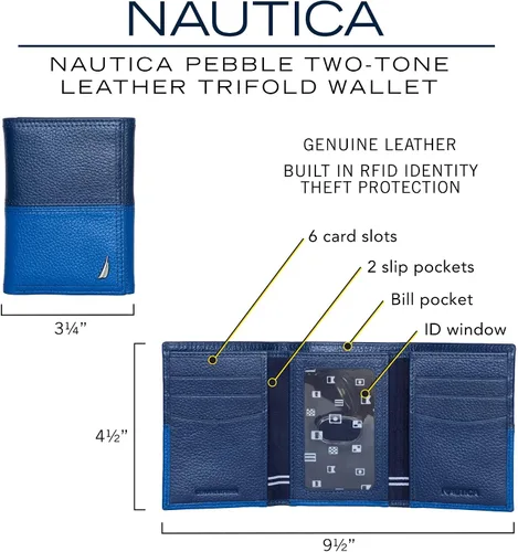 Vista 23 de Nautica Men's Trifold Wallet RFID Blocking Protection ID Window Card Slots Genuine Leather Durable