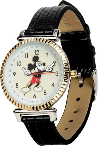 Vista 2 de Accutime Disney 100 Mickey Mouse - Reloj analógico negro para hombres y adultos con correa de cuero, movimiento de cuarzo japonés (Modelo MK5571AZ)