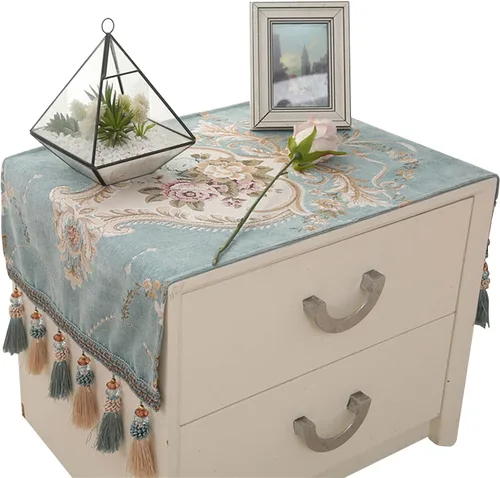 Vista 4 de Mantel de noche de estilo europeo, de jacquard, para tocadores y mesas auxiliares (color beige, borla)