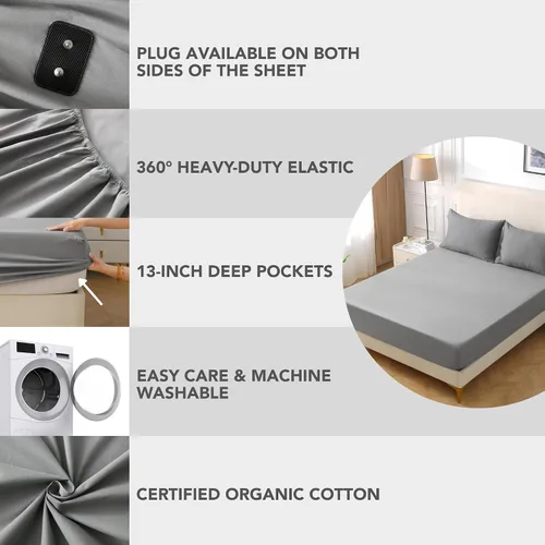 Vista 6 de Grounding Sheets King, 20% fibra plateada, 80% algodón orgánico certificado GOTS, 400 hilos, refrescante, suave, sábana bajera ajustable de bolsillo