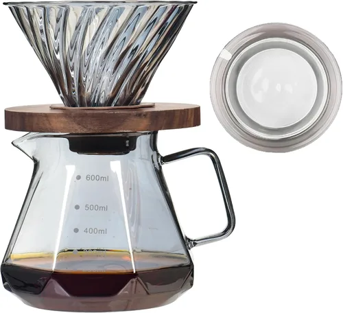 Vista 9 de Gotero de café de vidrio/filtro, cono de café de vidrio con soporte de bambú, accesorios de embudo para cafetera de goteo para el hogar u oficina