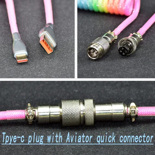 Vista 3 de Cables de teclado trenzados de 1.5 m en espiral tipo C a USB A con conector de aviador desmontable. Para teclado de juegos/tableta (arcoíris)
