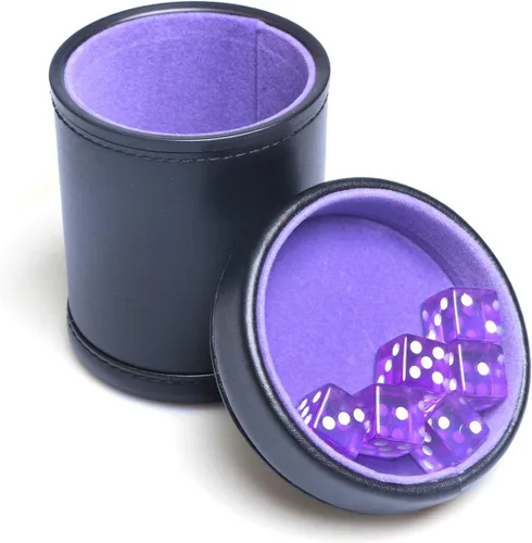 Vista 5 de Taza de dados de piel sintética con forro de terciopelo morado con tapa, incluye 6 dados translúcidos morados para mentirosos dados Farkle Yahtzee