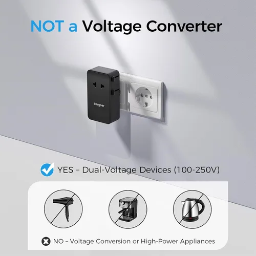 Vista 5 de Adaptador de viaje universal, adaptador de corriente internacional con 1 salida de CA, 1 USB-A y 2 puertos USB-C, funciona en más de 150 países