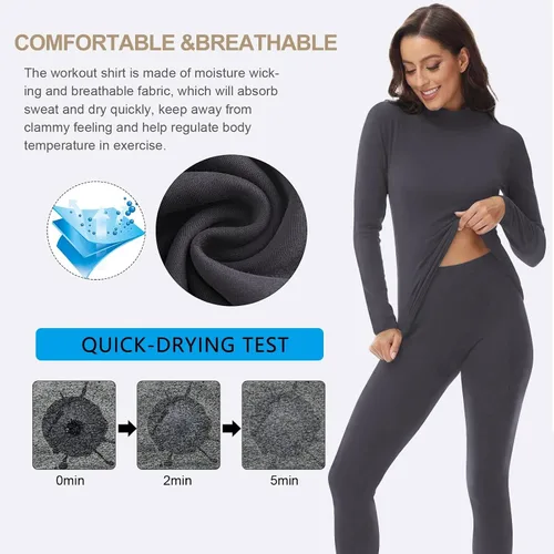 Vista 4 de Conjunto de ropa interior térmica con cuello alto falso para mujer, forro polar ultrasuave y cálido