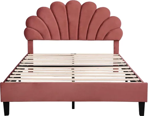 Vista 7 de P PURLOVE Base de cama tapizada de tamaño matrimonial, marco de cama matrimonial con cabecera de terciopelo con patrón de flores, marco de cama