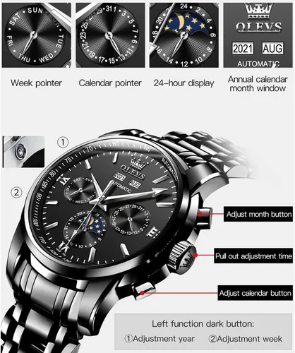 Vista 4 de OLEVS Relojes automáticos para hombre de cuerda automática reloj de pulsera calendario multifunción botón oculto pantalla de sol luna impermeable