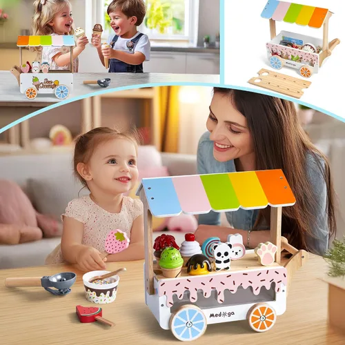 Vista 7 de Carrito de Helados de Madera Juguete Playset con Juguetes de Helado Juego de Comida de Simulación Camión de Comida Accesorios de Cocina de Juego