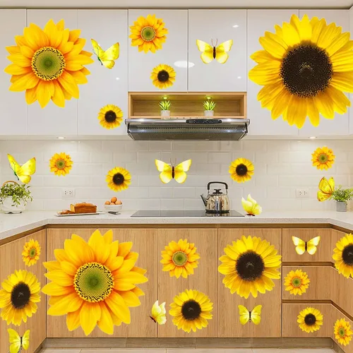 Vista 7 de 100 calcomanías de pared para ventana de girasol con mariposa 3D, decoración de vinilo de 1 a 4 pulgadas, calcomanías autoadhesivas de girasol