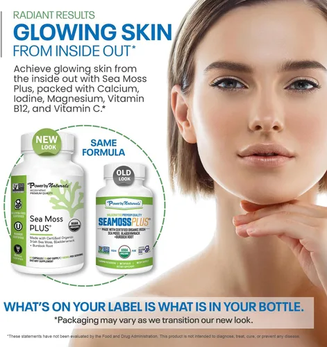 Vista 6 de Power By Naturals SeaMoss Plus - Cápsulas de musgo marino irlandés orgánico USDA con musgo marino irlandés cosechado en la naturaleza, fucus y raíz