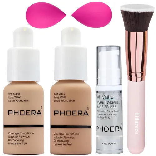Vista 21 de PHOERA - Base de maquillaje mate de cobertura completa, brochas de maquillaje Kabuki (101 porcelana + 102 desnudos)