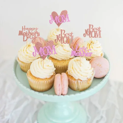 Vista 7 de Ercaido - Paquete de 48 adornos para cupcakes para el Día de la Madre con purpurina de oro rosa con purpurina para el Día de la Madre para la mejor