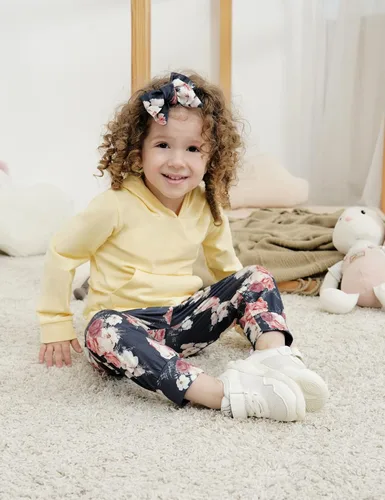Vista 6 de Ropa de bebé niña de manga larga con capucha sudadera con pantalones florales con diadema conjuntos de ropa