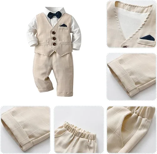 Vista 30 de IDOPIP Trajes de otoño e invierno para niños pequeños, camisa de manga larga con corbatín + chaleco + pantalones largos, overoles