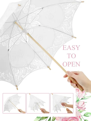 Vista 3 de 6 paraguas de encaje Paraguas vintage de encaje de boda con asa para dama de honor, mujeres de flores (blanco)