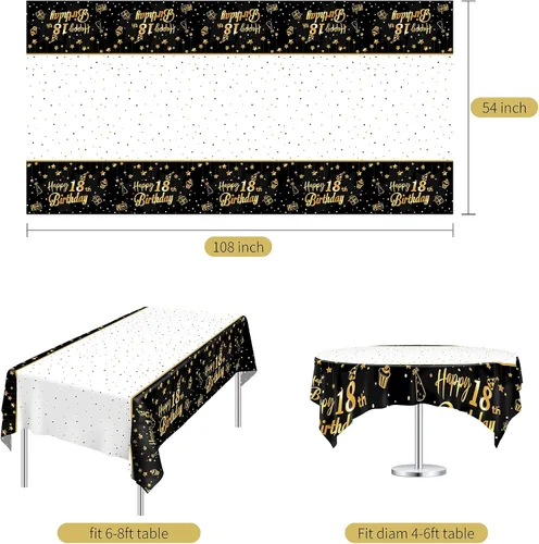 Vista 2 de Ruisita Paquete de 2 manteles rectangulares de color negro y dorado para fiestas de cumpleaños de 18 años, manteles de fiesta de cumpleaños