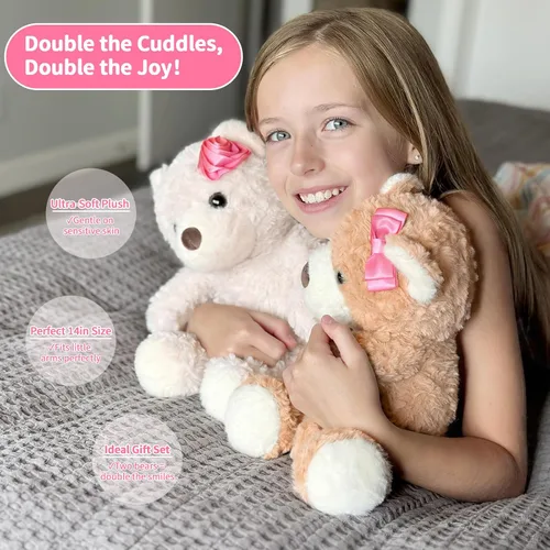 Vista 2 de Muiteiur Paquete de 2 osos de peluche a granel, juego de oso de peluche de 13.8 pulgadas con rosa rosa y lazo, sin boca, animales de peluche suaves