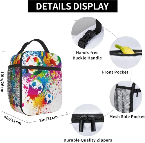 Vista 6 de Bolsa de almuerzo colorida con pelota de fútbol para niños y niñas, lonchera reutilizable de fútbol con aislamiento, bolsa de almuerzo portátil