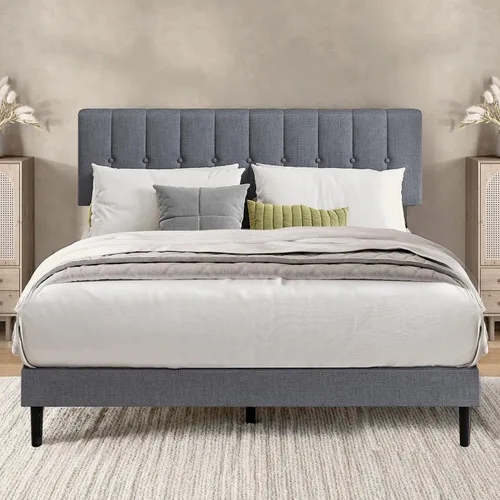 Vista 8 de Base de cama individual con cabecera de tela tapizada, fácil montaje, soporte de listones de madera, cabecera ajustable, no necesita somier, sin