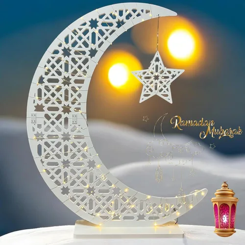 Vista 13 de Soporte de luz de estrella de luna de ramadán, luces nocturnas de bienvenida de Ramadán, decoración de árbol de media luna, decoración de mesa 2 pzas