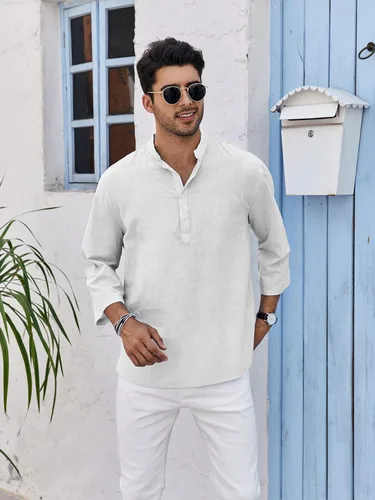 Vista 2 de Mens Linen Cotton Henley Shirts Lightweight Button Up Casual Tees 34 Sleeve Beach Plain Pullover V Neck Summer Tops