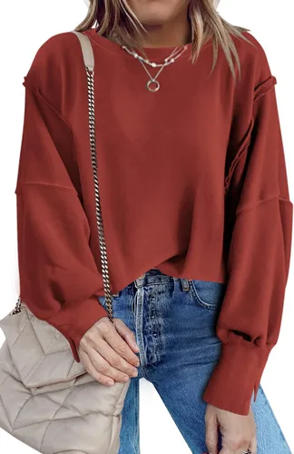 Vista 2 de Nirovien Sudadera de gran tamaño con cuello redondo para mujer, con abertura lateral, manga larga, ajuste holgado