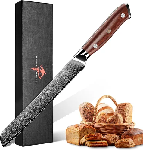 Vista 16 de Juego de 4 cuchillos de carne serrados de Purple Dragon de acero alemán de alto carbono con mango cuadrado de madera - Corte sin esfuerzo - Regalo
