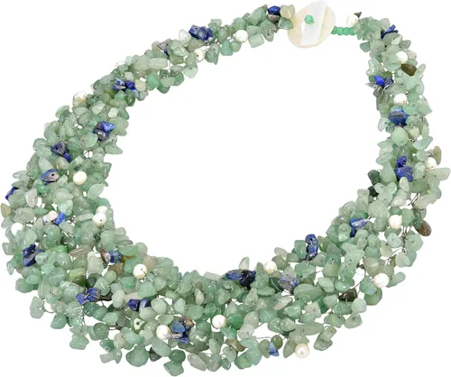 Vista 2 de AeraVida Collar con babero de trío de lapislázuli azul simulado de perlas de agua dulce cultivadas con cuarzo verde y azul, Perla