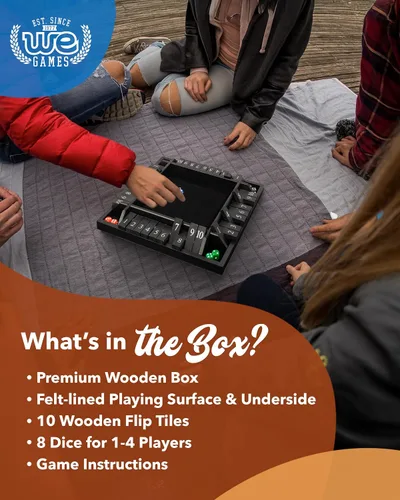Vista 4 de WE Games Juego de mesa Shut The Box de madera para 4 jugadores - 10 fichas con números y 8 dados - Madera teñida negra de gran tamaño, acabado de 14