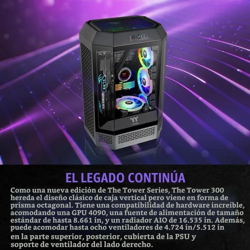 Vista 3 de Thermaltake Carcasa micro ATX negra Tower 300; ventilador CT de 0.079 x 5.512 in incluido; soporta radiador de hasta 16.535 in; kit de soporte