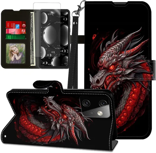 Vista 342 de Funda para Motorola Edge 2022 con protector de pantalla, soporte y tarjetero y correa para la muñeca, funda magnética para Moto Edge 2022 5G UW Lobo