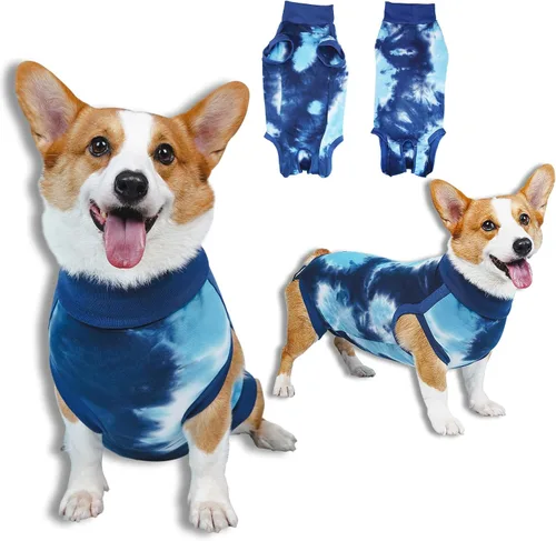Vista 10 de Traje de recuperación transpirable para perros macho/hembra, mameluco de perro de tie dye azul para heridas abdominales, alternativa a cono y collar
