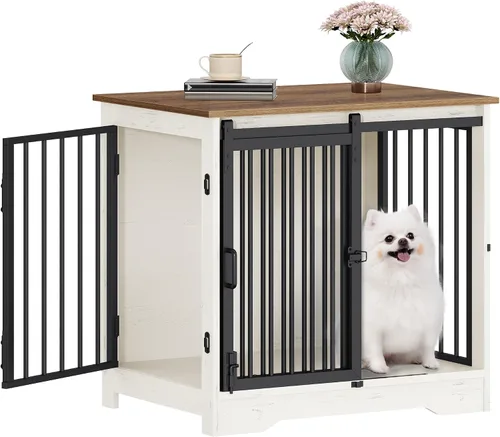 Vista 16 de Hzuaneri Mueble de jaula para perros de 27.2 pulgadas con puerta de granero, perrera resistente para interiores con 2 puertas, mesa auxiliar jaula