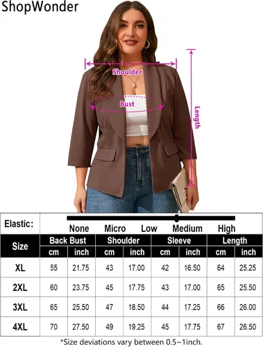 Vista 7 de Blazer casual con bolsillos para mujer, talla grande, para oficina, frente abierto, manga 34, cárdigans, chaqueta de trabajo