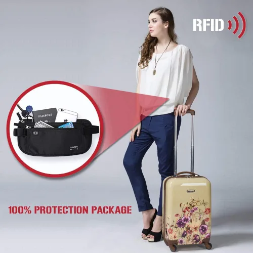 Vista 6 de DAITET Cinturón de dinero, soporte para pasaporte, cartera de viaje oculta segura con bloqueo RFID, riñonera encubierta (negro), Negro, Rfid