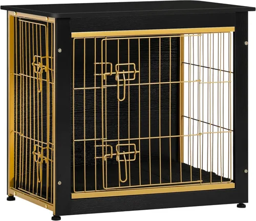Vista 39 de DWANTON - Perrera con cojín, de madera, con puertas dobles, para interiores, S, M, L, 27.2 pulgadas de largo, negro