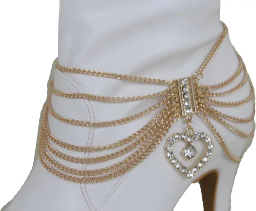 Vista 2 de TFJ - Pulsera de botas para mujer, cadena de metal dorado brillante, estilo occidental, estilo occidental, dije de amor, Metal
