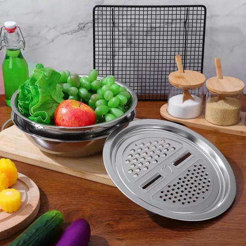 Vista 2 de iplusmile Cesta de drenaje multifuncional de acero inoxidable de 10.03 pulgadas con trituradora, colador de cocina para lavar y preparar frutas