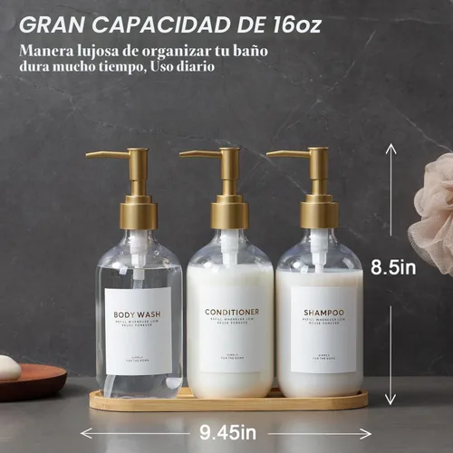 Vista 3 de Botellas dispensadoras de champú y acondicionador con bandeja de bambú Bomba Clear&gold